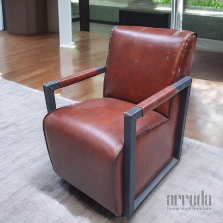 Fotoliu din piele naturală moco piele industrial dark cognac