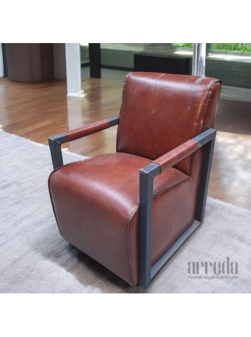 Fotoliu din piele naturală moco piele industrial dark cognac